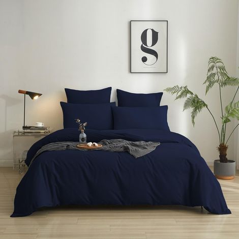 Parure de lit d'été 135 x 200 cm en coton bleu foncé - Housse de couette 100 % coton lavé - Doux et confortable - Avec fermeture éclair et 1 taie d'oreiller de 80 x 80 cm (1/5)