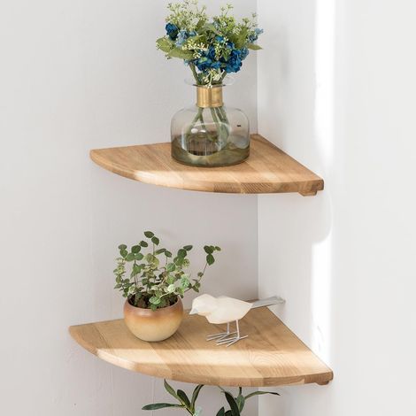 Lot de 2 Étagère d'angle, Chêne massif, Extrémités rondes, Design vintage, Pour salon et chambre (1/5)