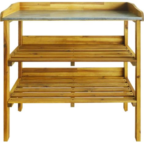 INLIFE Banc à jardinière avec 2 étagères Bois massif d'acacia et zinc (1/6)
