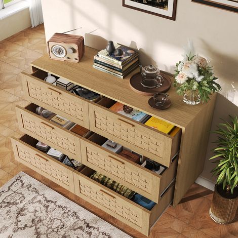 Commode 6 tiroirs en bois avec design tressé, anti-basculement, pour salon et chambre,commode en rotin buffet pour salon, entrée, 115x40x80 cm,Chêne (1/5)