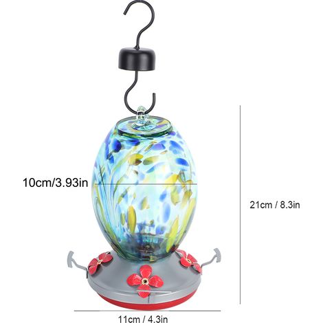 Comedero para colibríes [Q2] – Decoración de vidrio colorida con percha y protector antiderrame para jardines – Práctico y atractivo (1/5)