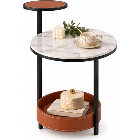 Design Couchtisch K30 Marmoroptik Sattelleder Braun (1/5)
