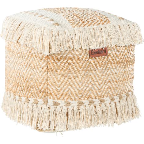 Puf de yute y algodón con borlas otomana cuadrada reposapiés relleno de bolas EPS sala de estar beige Alupola