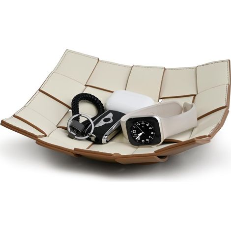Plateau de rangement multifonctionnel en similicuir, pour entrée ou bureau, porte-clés et pièces (blanc-café) (1/5)