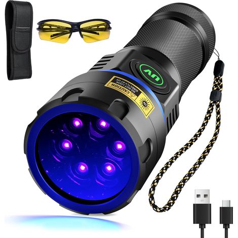 Lampe Torche UV 365 nm Lumière Noire [6xLED], Lampes de Poche Puissante 60W USB -C Rechargeable, Lampe Wood Ultraviolette Détecteur pour d'Urine, Roche, Verre d'Uranium, Résine Durcissante (1/5)