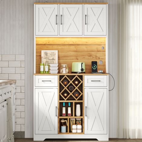 Mueble alto de cocina con LED, botellero, 105 x 40 x 180 cm, MDF, Natural y Blanco, OKWISH (1/5)