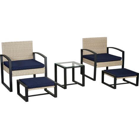 Set di mobili da giardino da 5 pezzi con tavolo 2 sedie e 2 poggiapiedi in rattan blu navy e nero 030010535