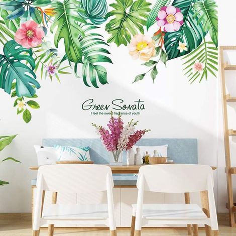 Tropical Fleurs Stickers Muraux Plante Autocollant Décoratifs, Feuilles Verts Décoration Murale Bricolage Wall Art Mural pour Salon Bureau Chambre-Amovible & Etanche (1/5)