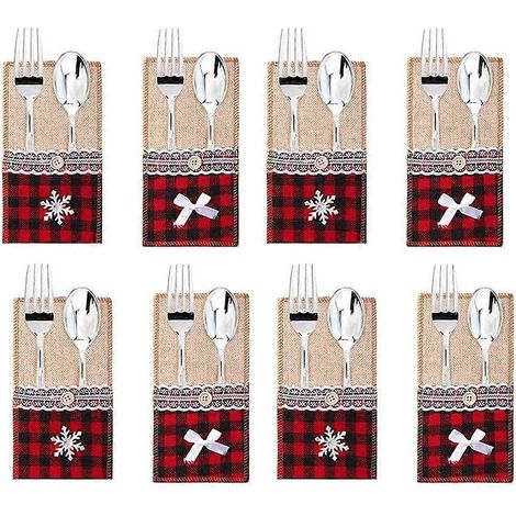 Élégants porte-couverts de Noël, porte-ustensiles en toile de jute naturelle avec dentelle douce, ajoute une touche festive et chaleureuse à votre table. (1/4)