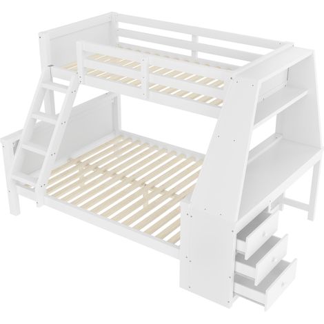 Letto a castello per bambini 90x200 + 140x200 cm con scrivania, contenitori e mensola bianco (1/5)