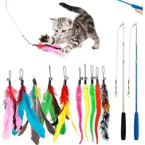 12 PCS Jouet Chat Plume, Jouet bâton Chat Canne à pêche avec 2 PCS Interactif Rétractable Canne, 10 PCS Plume de Rechange avec Pendentif, Jouet Perche Télescopique pour l\'intérieur Chats et Chatons (1/5)