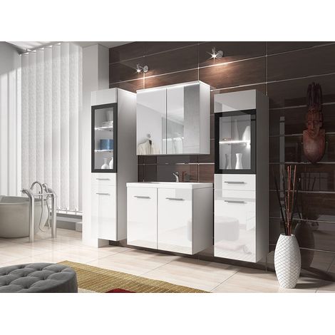 Ensemble de meubles de salle de bain MADRID II, ensemble de meubles avec lavabo inclus, sans éclairage LED, couleur blanc/blanc brillant (1/4)