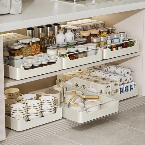 Tiroir coulissant extractible pour meuble de cuisine - Soft-close amorti - Installation sans perçage (adhésif) - Blanc - 20 x 43 x 7 cm - Boîte tiroir 20 cm (1/5)