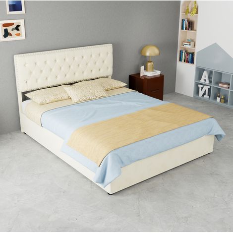Lit double 140x200 cm tissu peluche beige, tête haute, pour chambre, sans matelas – MEUBLIV (1/5)
