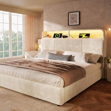 Tête de lit beige en velours 211 x 145 x 110 cm (1/5)