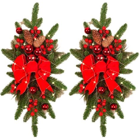 BUNTHAUS Lot de 2 guirlandes de Noël artificielles en forme de goutte d'eau de 61 cm - Sans fil - Décoration d'escalier - Guirlande de Noël pour extérieur, maison, jardin (rouge, 30 x 60 cm) (1/5)
