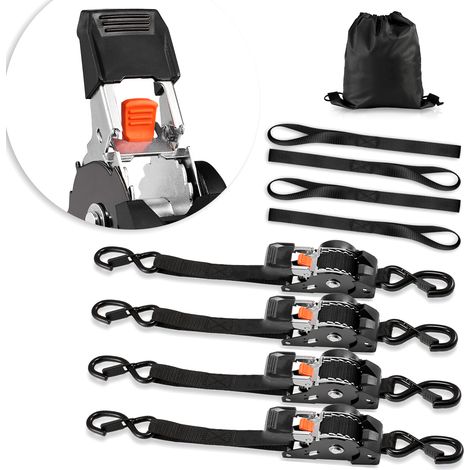 Mophorn Sangle à Cliquet Rétractable 2,5 cm x 3 m Lot de 4 Sangles d'Arrimage pour Remorque, Moto, Kayak et Voiture, avec Crochets en S et 4 Boucles Souples, Capacité de Charge 544 kg (1/5)