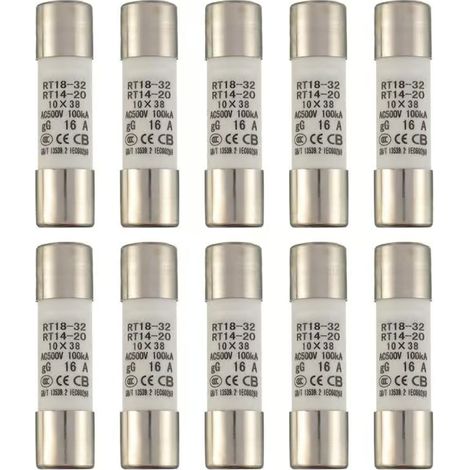 Fusible tubulaire en céramique RT18-32 16 A 500 V, fusible cylindrique haute tension 10 x 38 mm (paquet de 10) (1/4)