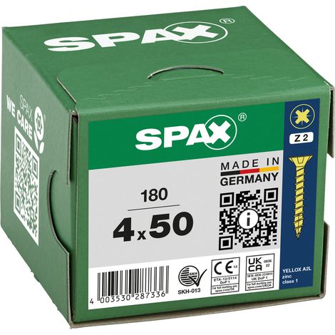 SPAX Vis universelle, 4 x 50 mm, 180 pcs, Tête centrante, Tête fraisée, Cruciforme Z, 4CUT, YELLOX - 8000000287336
