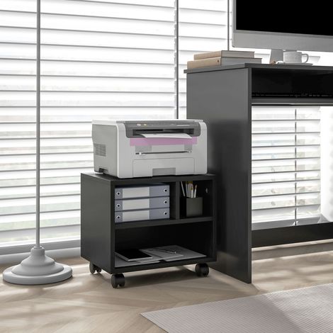 Support d'imprimante meuble de rangement bureau caisson 3 compartiments ouverts 40x30x36 centimètres noir