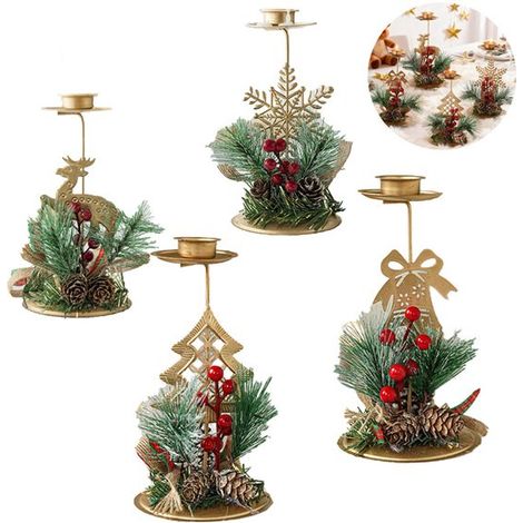 Lot de 4 bougeoirs en forme de renne décorés de baies rouges - Bougeoir doré renne de Noël - Décoration de Noël - Décoration intérieure - Bougeoir - Peut servir de centre de table - Convient aux bougi (1/5)