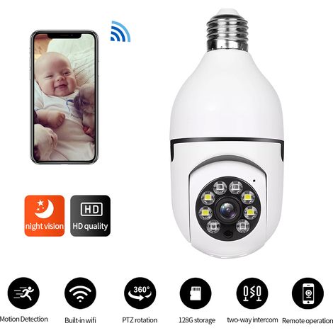 Caméra de surveillance ampoule A6 – connexion WiFi, vision nocturne double lumière, rotation panoramique, interphone vocal bidirectionnel, carte 32G (1/5)