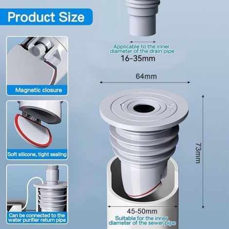 Bouchon d'étanchéité pour tuyau d'évacuation 45-50 mm, silicone anti-odeur, pour lave-linge, cuisine et salle de bain, gris (1/4)