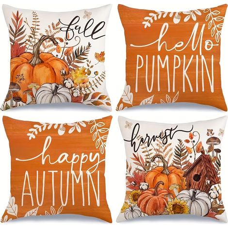 Ensemble de 4 coussins d'automne - Motifs citrouille et récolte, velours orange, housse à fermeture éclair, décoration maison campagne (1/5)
