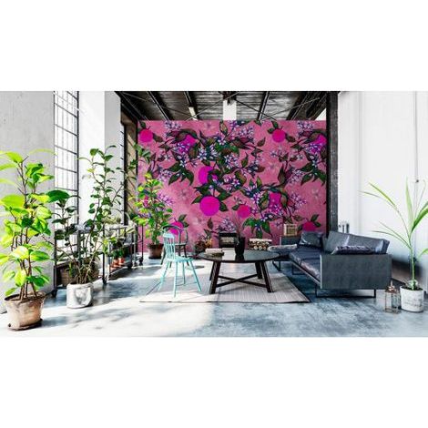 Papier peint panoramique arbre à fruits tendance Tapisserie panoramique rose et vert Papier peint panoramique design nature floral (1/3)