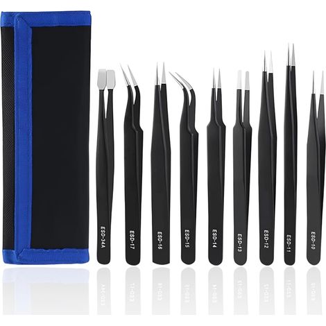 Set mit 9 ESD-Präzisionspinzetten aus Edelstahl, Präzisionspinzetten für Elektronik, Schmuck, Modellbau und hochpräzise Haarentfernung