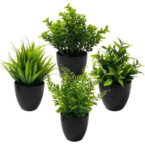 Conjunto de 4 plantas artificiales en maceta: plantas de interior con forma natural，el salón o el baño. Fáciles de cuidar y duraderas. Estilo 3 (1/5)