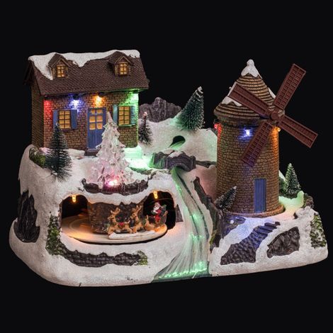 Fééric Lights And Christmas – Village de Noël illuminé avec moulin à vent musical – 17 LED multicolores – Longueur 31 cm – Poids 1,113 kg – Décoration intérieure festive (1/5)