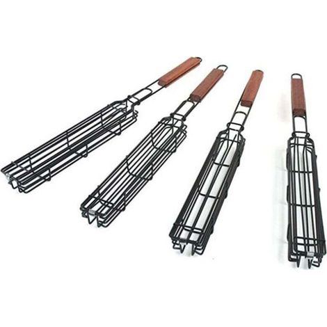 Lot de 4 paniers de barbecue avec grille verrouillable à long manche en bois - Antiadhésifs - En acier inoxydable - Pour barbecue,poissons,légumes,saucisses,oignons (1/4)