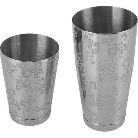 Shaker à cocktails en acier inoxydable gravé, shaker à martini argenté de style Boston, mixeur de bar japonais-américain à fond plat. (1/5)