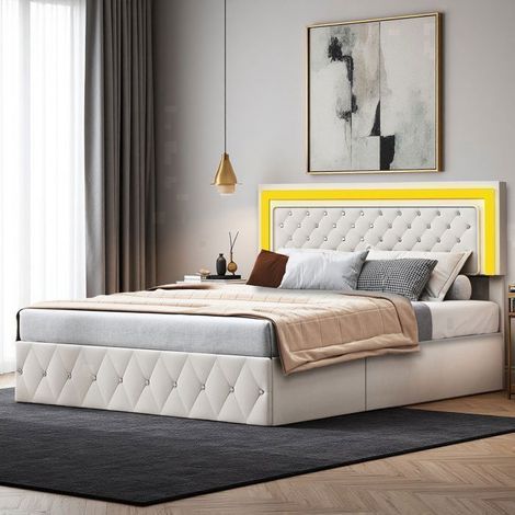 Lit 140x200 cm, DZW, LED, Lit double, Lit Adulte, cadre de lit 140x200 cm, Velours, Beige