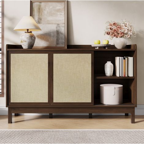 Credenza 150x39,5x80 cm naturale in truciolato con ante scorrevoli, doppio cassetto e ripiani regolabili (1/5)