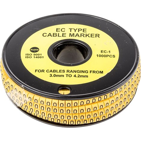 Repère câble , Ø câble 3  4.2mm, texte : 0, Noir sur Jaune ( Prix pour Bobine de 1000 )