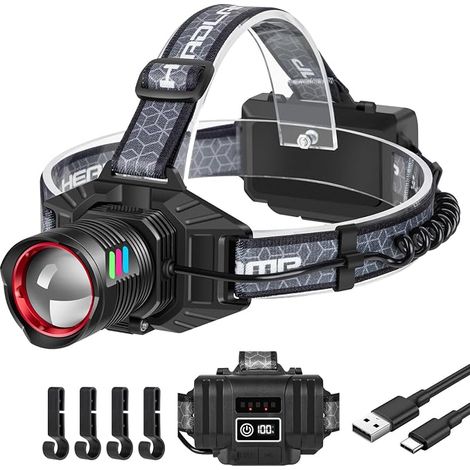 Linterna frontal LED ultra potente de 90.000 lúmenes, recargable por USB-C con 3 modos y luz trasera, batería de larga duración, zoom ajustable de 180°, resistente al agua para acampar, pescar y emerg (1/5)