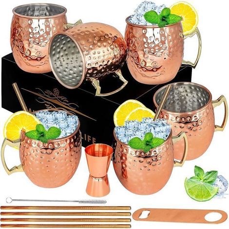 NetBoat Moscw Mule Mug [500ml], Lot de 4 Verre Moscow Mule, Avec 4 Pailles et un Pinceau, Parfait pour les Fêtes d\'amis.-Ywey (1/5)
