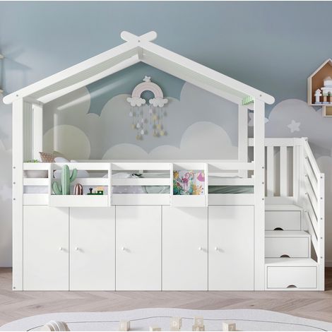 Etagenbett Kinderbett 90 x 200 cm mit Stauraumtreppe, Schrank, Weiß/Grün (1/5)