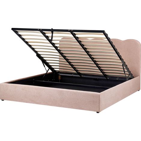 Letto in tessuto rosa pastello 180 x 200 cm contenitore elevabile con testiera e rete a doghe (1/5)