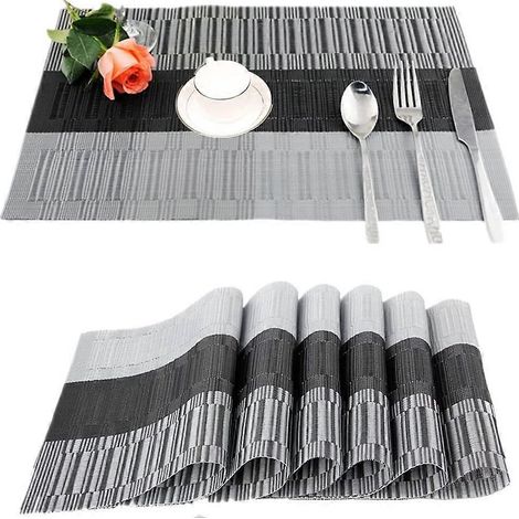 Lot de 6 sets de table antidérapants en PVC lavables (45 x 30 cm) pour la cuisine, le salon, le jardin ou la salle à manger (noir-gris) (1/4)