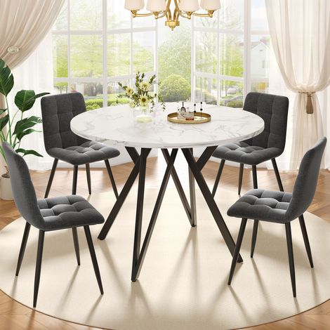 Tavolo da Pranzo Rotondo con Piedini Regolabili, Piano Effetto Marmo in MDF e Struttura in Metallo, 100 x 100 x 76 cm