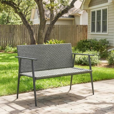 Banc de Jardin 2 places en Résine Tressée et Acier, avec Accoudoirs, Dossiers et Pieds Réglables, 110x58x78cm, Gris (1/5)