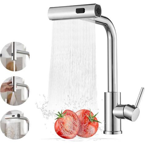 Robinet Cuisine Cascade – Rotatif 360°, Douchette – Levier Unique, 3 Modes – Acier Inoxydable, Argent Électrolytique (1/5)