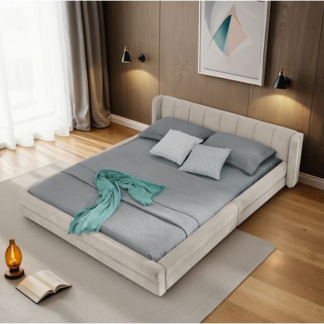 Cama doble minimalista 140x200 cm tapizada en chenilla beige con cabecero ergonomico acolchado (1/5)