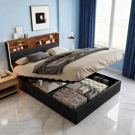 lit coffre140x200, lit double 140x200 avec sommier, avec port USB et LED, Lit Adulte , rangement de tête de lit, Noir, PU