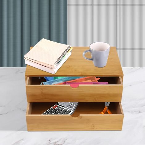 Organiseur de bureau en bambou durable avec tiroirs - Mini organiseur de bureau en bambou pour bureau, maison, toilettes, pas de montage nécessaire (2 tiroirs) (1/5)