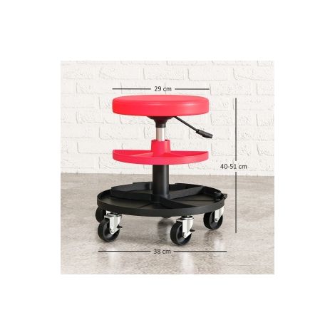 Tabouret d'atelier rouge à roulettes avec hauteur réglable de 40 à 51 cm et plateaux de rangement pour garage atelier et bricolage (1/5)