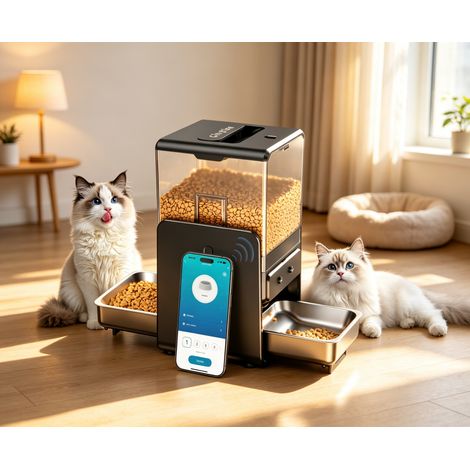 Distributeur automatique de croquettes pour chats contrôlé par application - Hauteur réglable pour petits animaux, équipé de 2 gamelles, d'un réservoir de 5 L pour croquettes, d'une fonction d'enregis (1/5)
